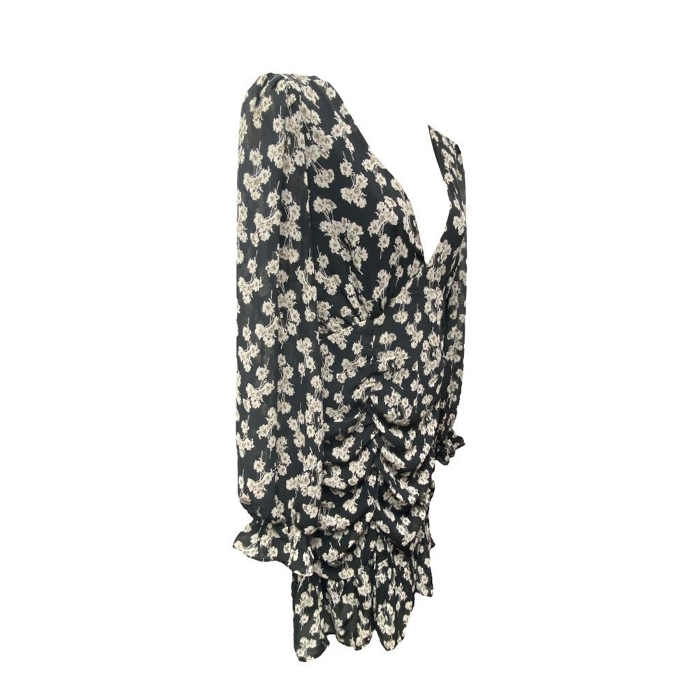 She + Sky Dress M Black Cream Floral Sheath V Neck Ruched Ruffle Lined - Picture 6 of 9